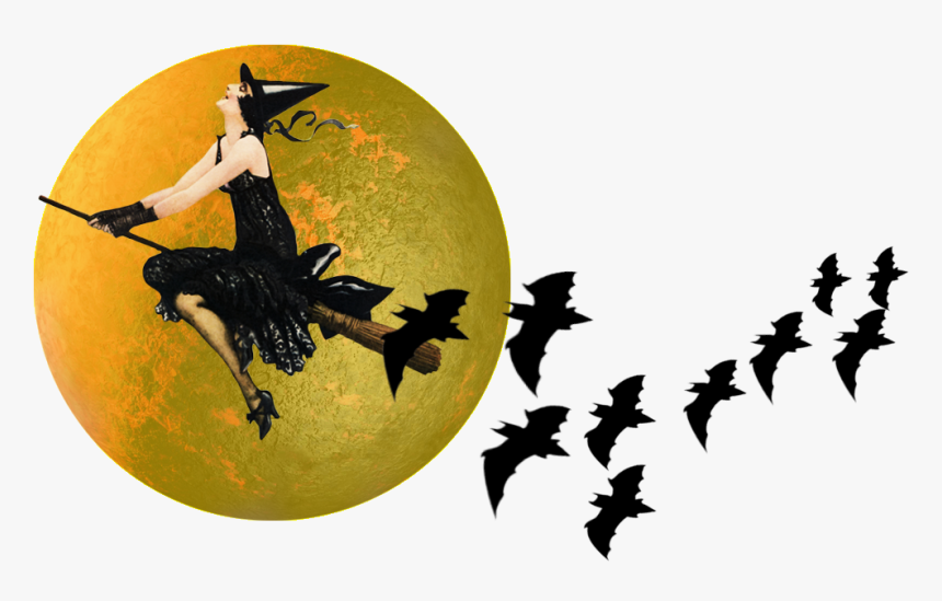 Vintage Witch Flying Past The Moon On Broomstick - Vintage Halloween Png Transparent Background, Png Download, Free Download