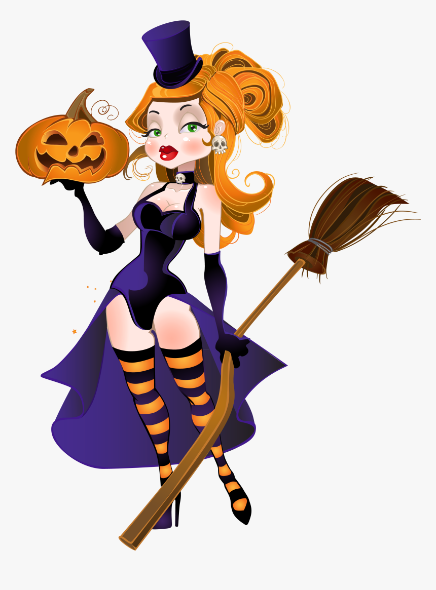 Halloween Witch With Broom And Pumpkin Png Clipart - Witch W Halloween Png, Transparent Png, Free Download