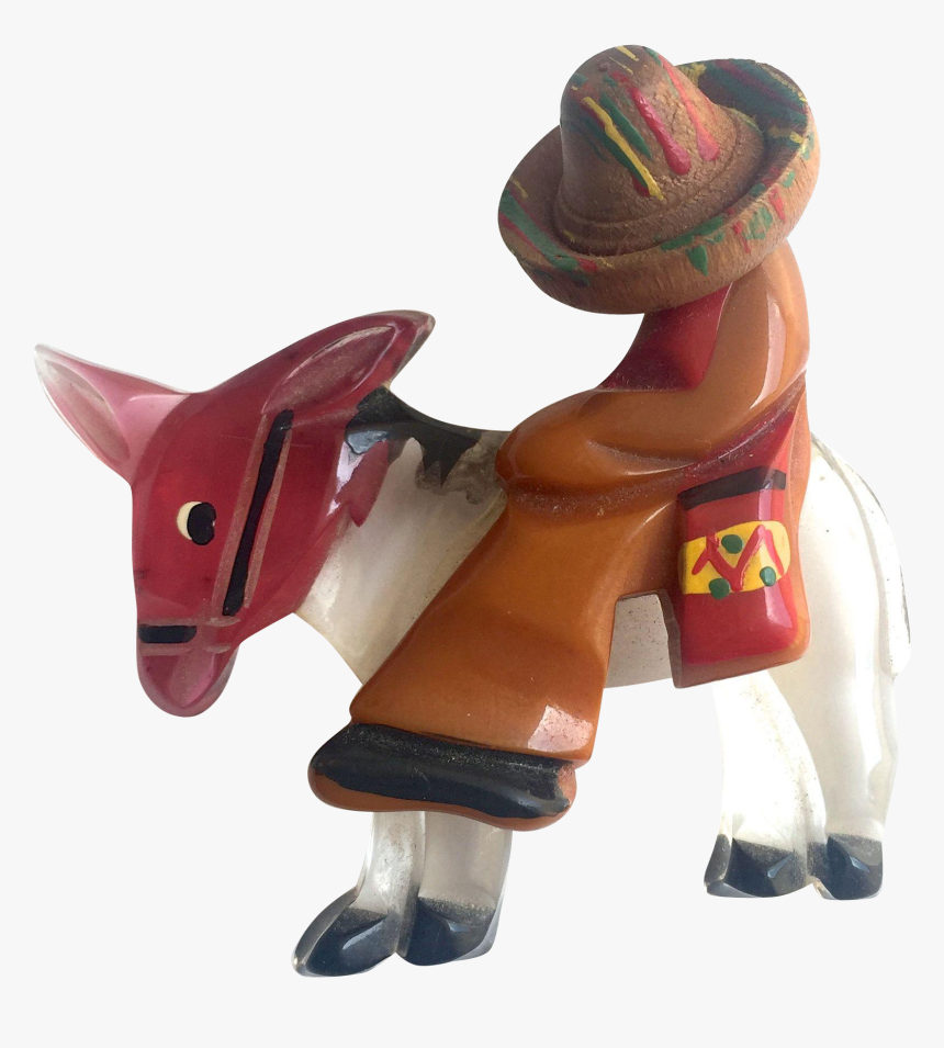 Bakelite Mexican Man On A Lucite Donkey Brooch - Figurine, HD Png Download, Free Download