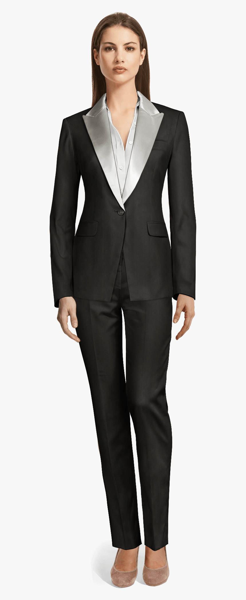 Blue Shiny Tuxedo With Peak White Lapels - Black Jacquard Women Suit, HD Png Download, Free Download