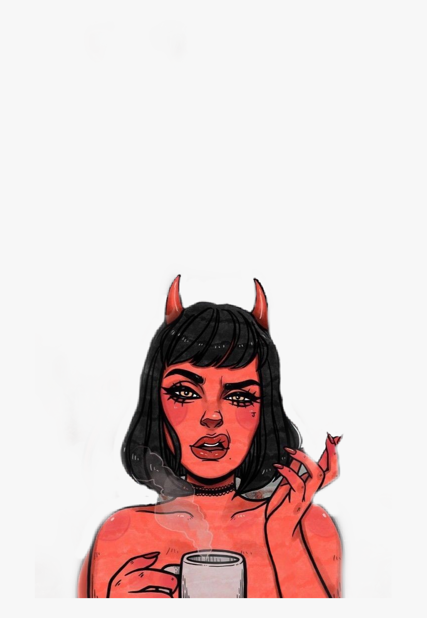 #devil #devilgirl #red #smoke #coffee Shop #look #girl - Devil Girl Smoking And Drinking Coffee Cartoon, HD Png Download, Free Download