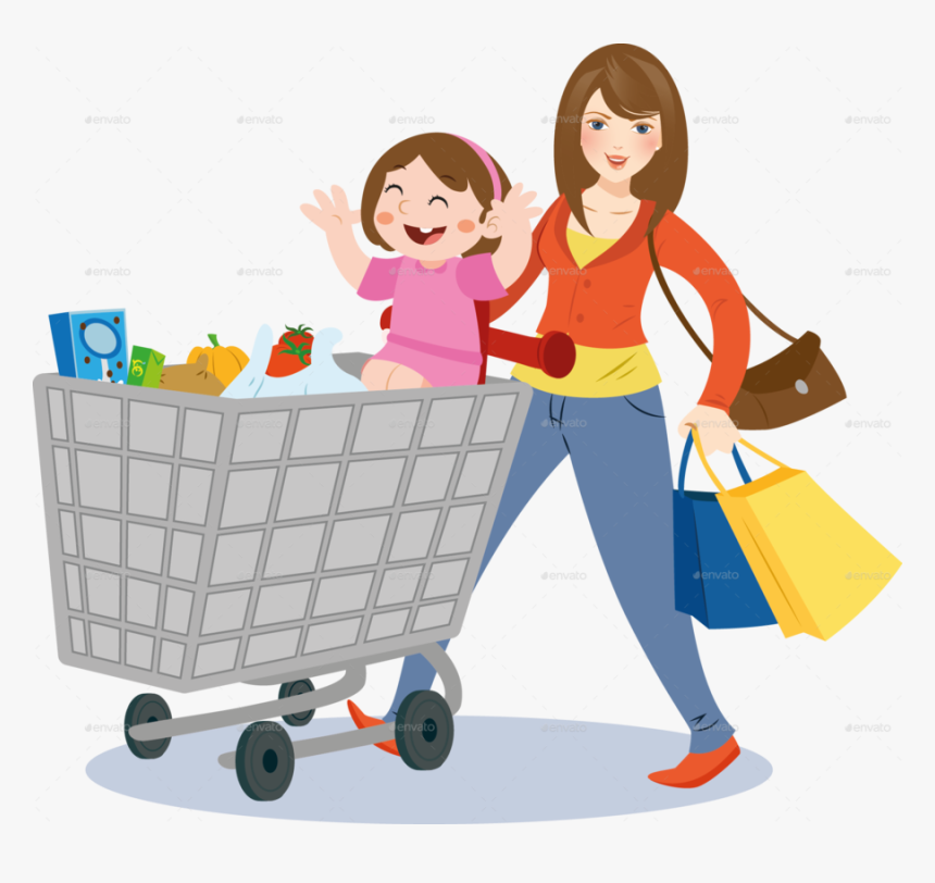 Mom Grocery Shopping Clipart Shopping Grocery Store - Mother With A Shopping Cart, HD Png Download, Free Download