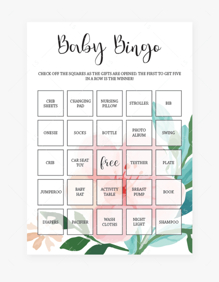 Baby Shower Bingo Printable For Floral Themed Baby - Free Print Baby Shower Bingo, HD Png Download, Free Download