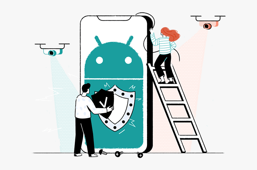Android Logo On A Phone With Two Characters Installing - Cartoon, HD Png Download, Free Download