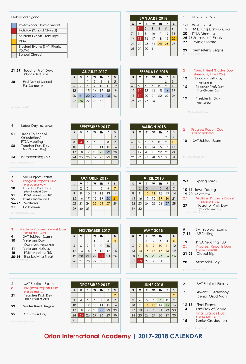 2017 2018 Academic Calendar Orion International Academy - Annual Calendar For Teacher, HD Png Download, Free Download