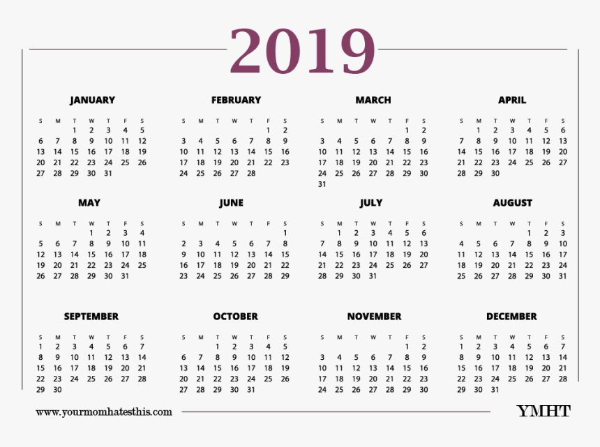 2019 Calendar Png Pink Design - 2019 Printable Calendar One Page, Transparent Png, Free Download