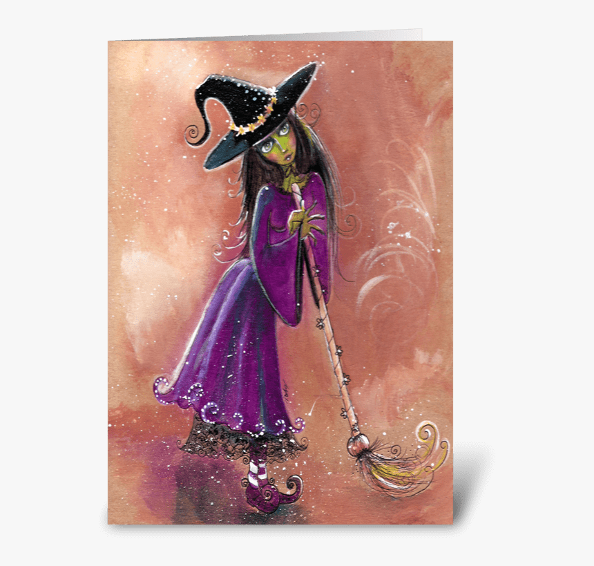Whimsical Witch And Broom , Greetings Greeting Card - Painting, HD Png Download, Free Download
