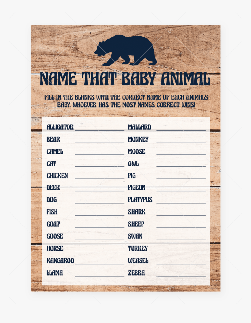 Name That Baby Animal Game For Rustic Baby Shower Printable - Free Printable Name The Baby Animal Game, HD Png Download, Free Download