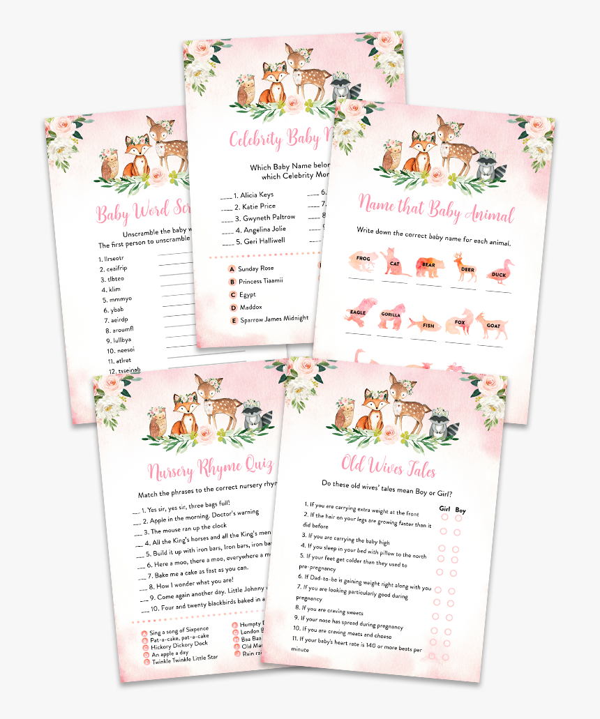 Blush Pink Floral Woodland Baby Shower Game Pack, HD Png Download, Free Download