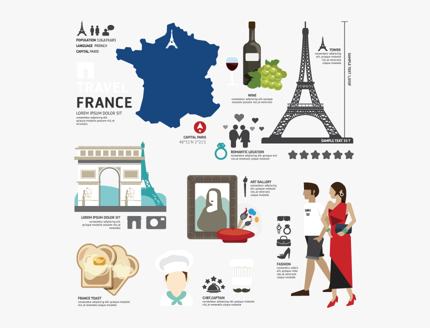 France Map Wine Eiffel Tower Triumphal Arch Chef Mona - France Flat Design, HD Png Download, Free Download