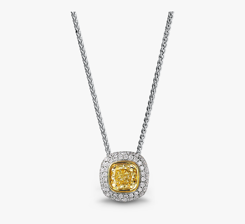 02 Cushion Cut Fancy Yellow Diamond Pendant With Pave - Cushion Yellow Diamond Pendant, HD Png Download, Free Download