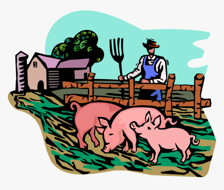 Vector Illustration Of Farmer With Farm Livestock Pigs - Pig Farm Clipart Png, Transparent Png, Free Download