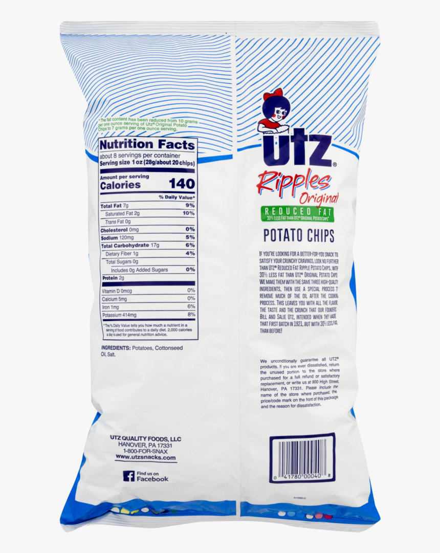 Utz Potato Chips, Reduced Fat Ripples Original - Utz Original Potato Chips Nutrition Facts, HD Png Download, Free Download