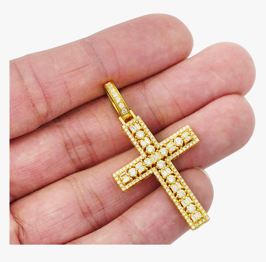 10k Yellow Gold Round Baguette Cross Pendant - Pendant, HD Png Download, Free Download