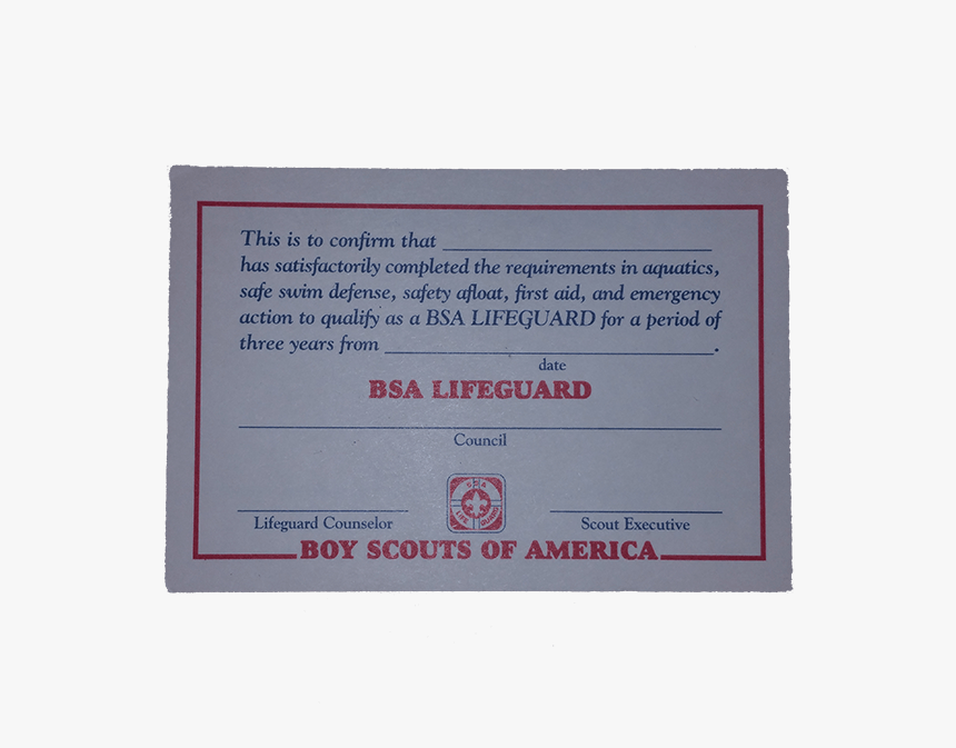 Bsa Lifeguard Certificate - Red Cross Lifeguard Certification Card, HD Png Download, Free Download