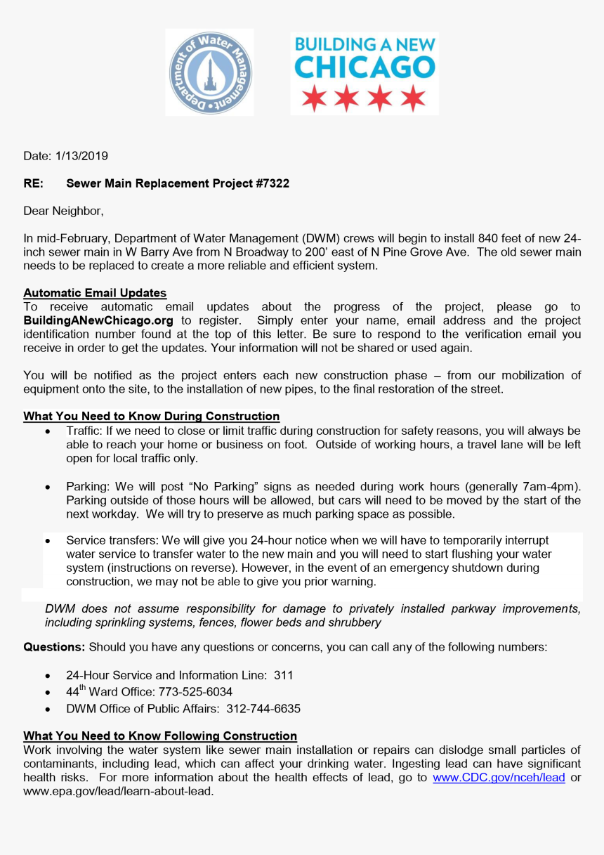 Barry Sewer Main Replacement - Chicago Mayor Investment Letter, HD Png Download, Free Download