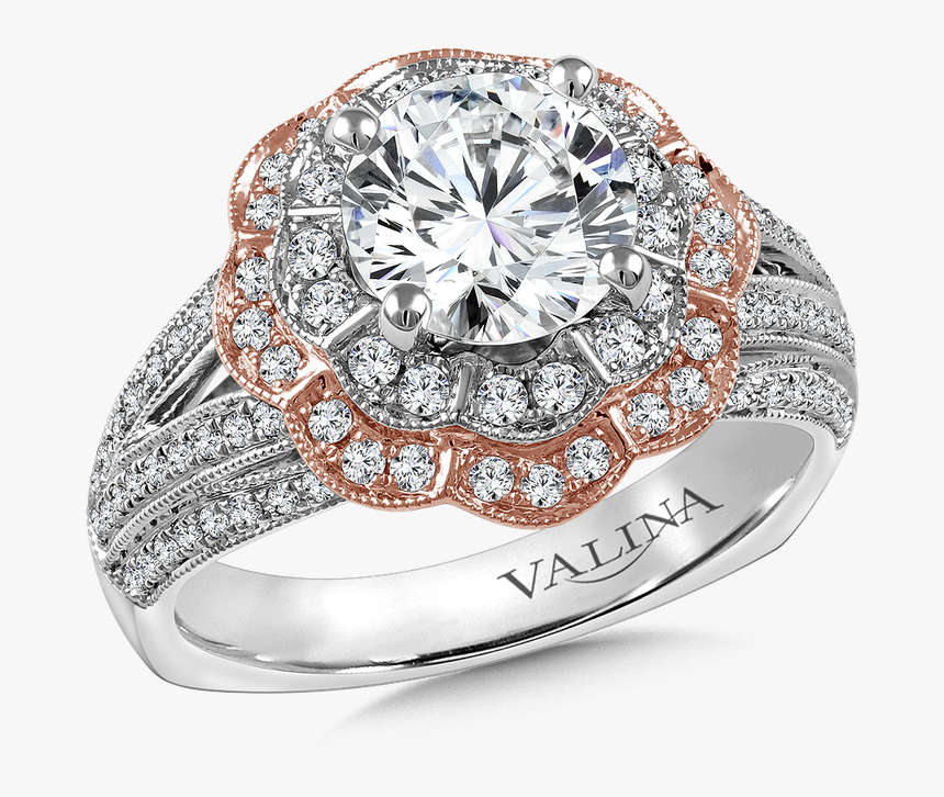 Valina Halo Engagement Ring Mounting In 14k White/rose - Valina Rose Gold Engagement Rings, HD Png Download, Free Download