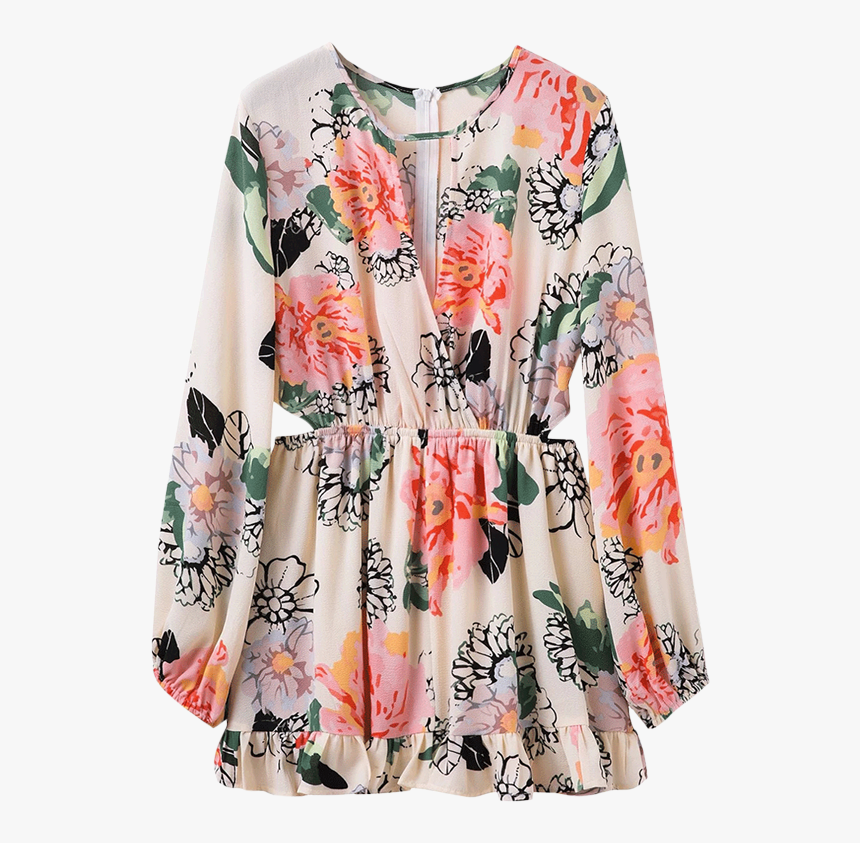 Long Sleeve Floral Print Waist Cutout Dress - Blouse, HD Png Download, Free Download