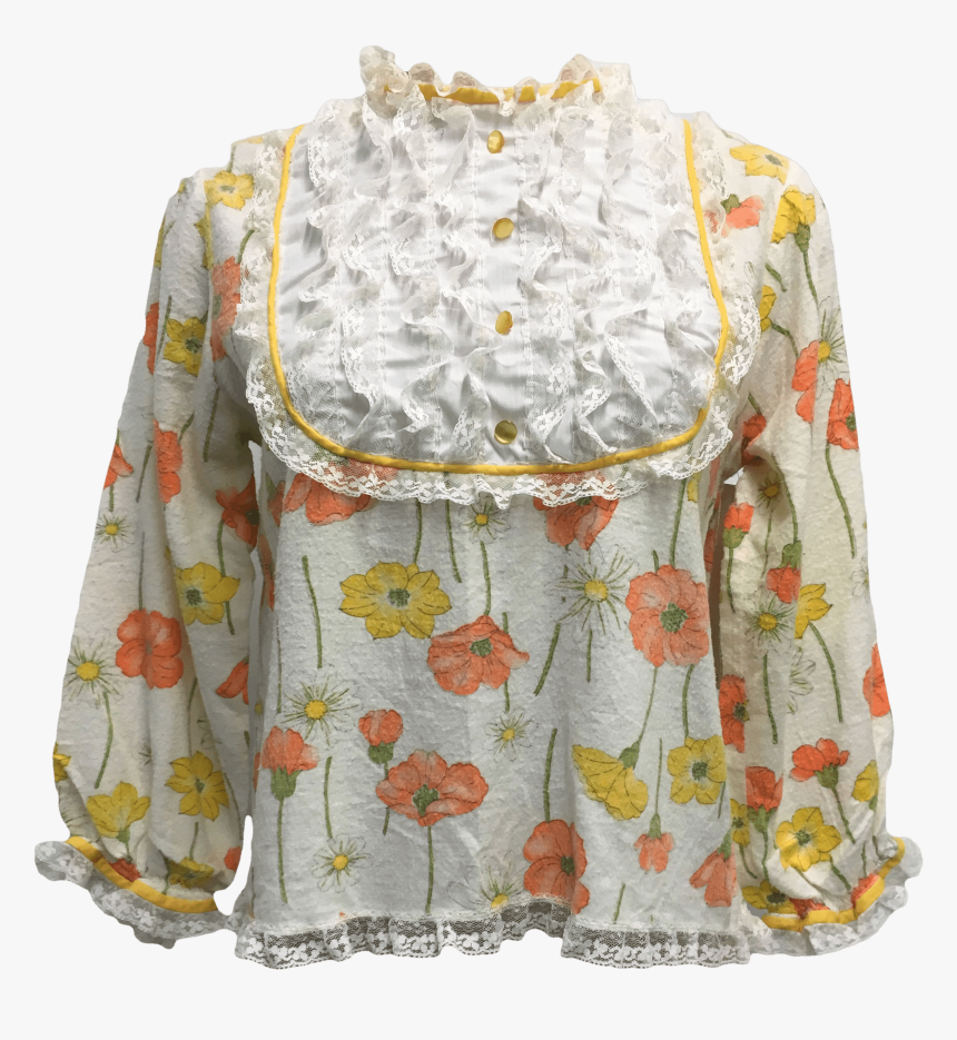 70"s Lace Bib Front Floral Print Blouse, HD Png Download, Free Download