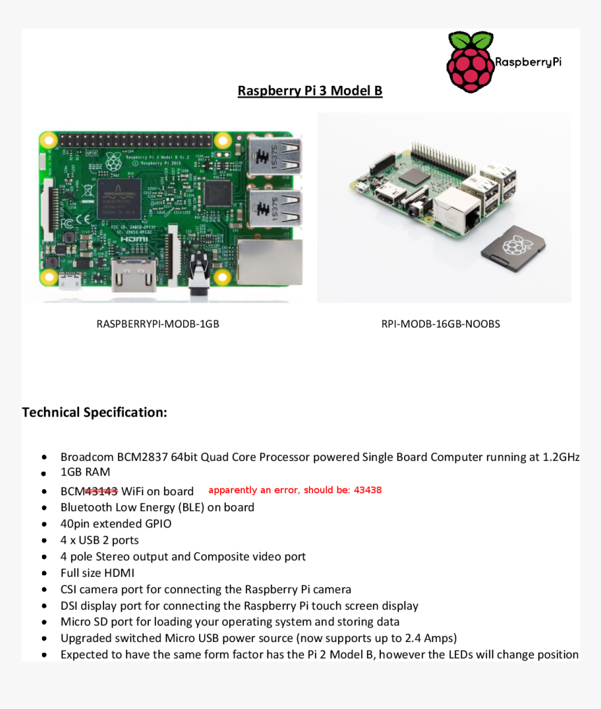 Edited Version Of Farnell"s Information Sheet For The - Raspberry Pi 3 Model B Specifications, HD Png Download, Free Download