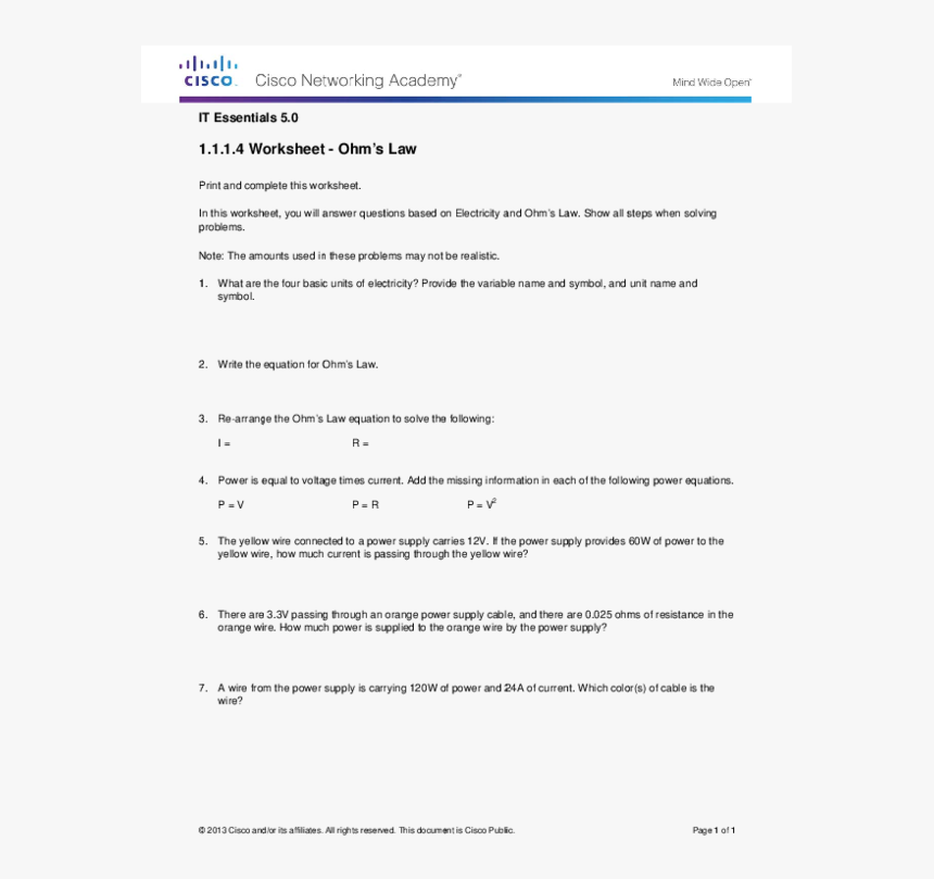 Pdf - 1 - 1 1 - 4 Ohm"s Law , Png Download - Cisco Ohm's Law Answers, Transparent Png, Free Download