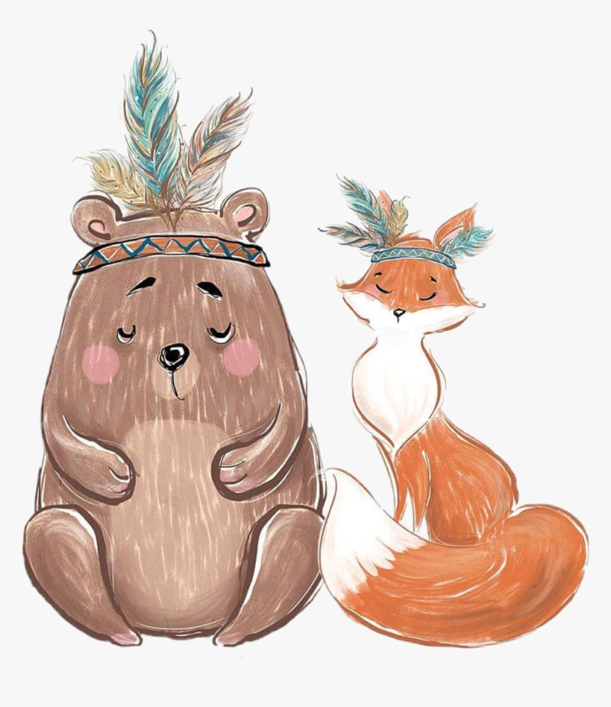 #watercolor #bear #fox #indian #boho #feathers #boy - Illustration, HD Png Download, Free Download