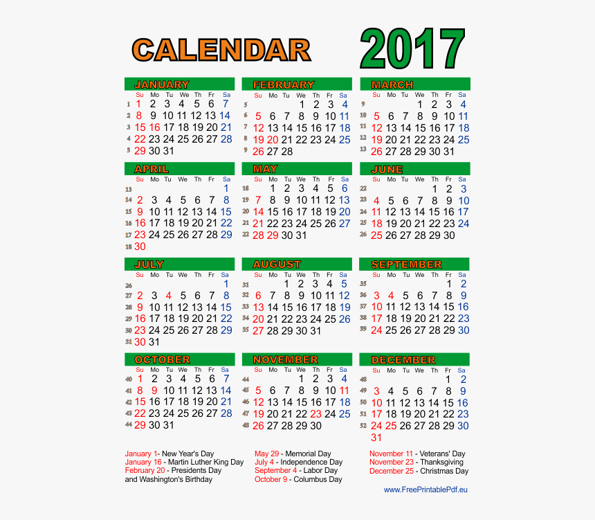 Printable Calendar 2017 For Us Pdf Free Printable Pdf - 2017 American Holiday Calendar, HD Png Download, Free Download