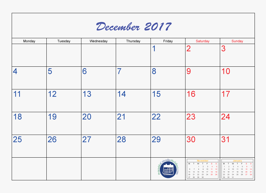 December 2017 Printable Calendar - November 2018 Calendar Days, HD Png Download, Free Download