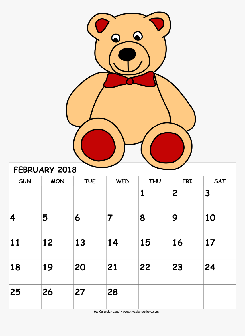 Printable Calendar February 2017 Cute - September 2018 Calendar Teddy Bear, HD Png Download, Free Download