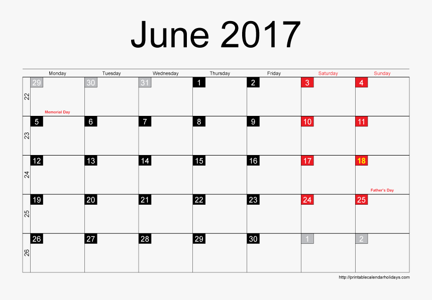 Blank Printable June 2017 Calendar In Printable Format - Many Days In January, HD Png Download, Free Download
