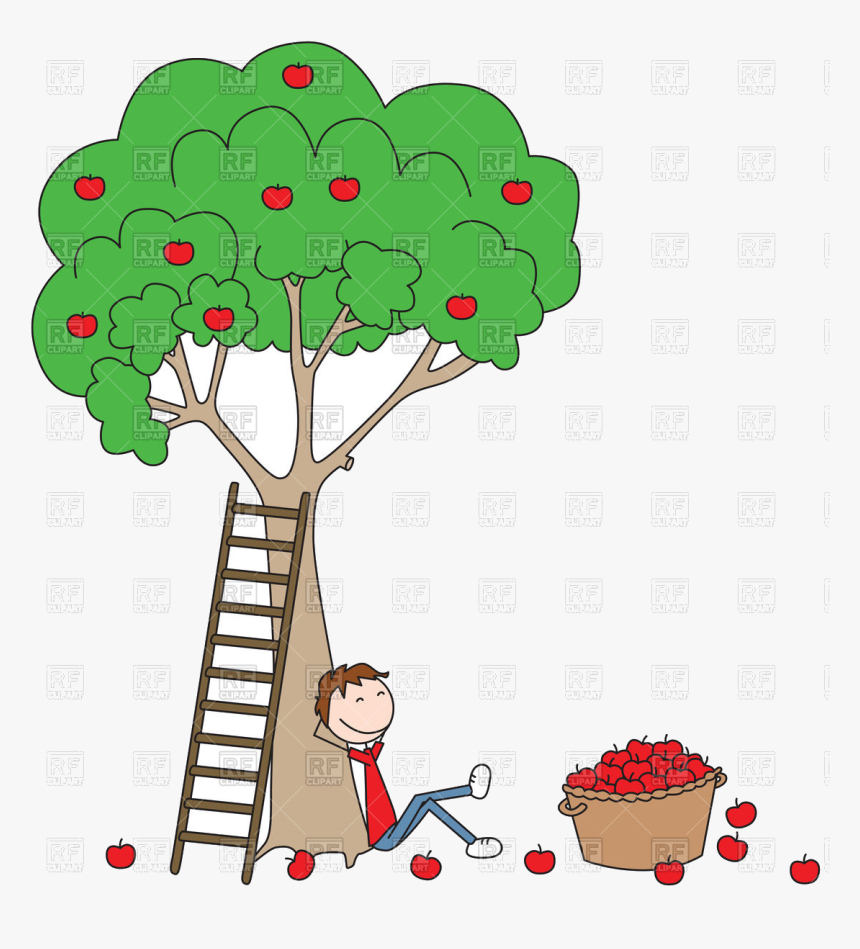 Apple Tree Cartoon Boy Sitting Under With Basket Full - Boy Sitting Under The Tree, HD Png Download, Free Download