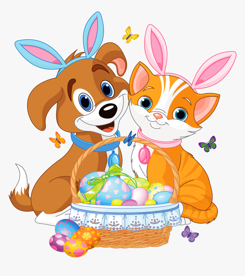 Cute Puppy And Kitten With Easter Bunny Ears And Basket - รูป การ์ตูน หมา แมว, HD Png Download, Free Download