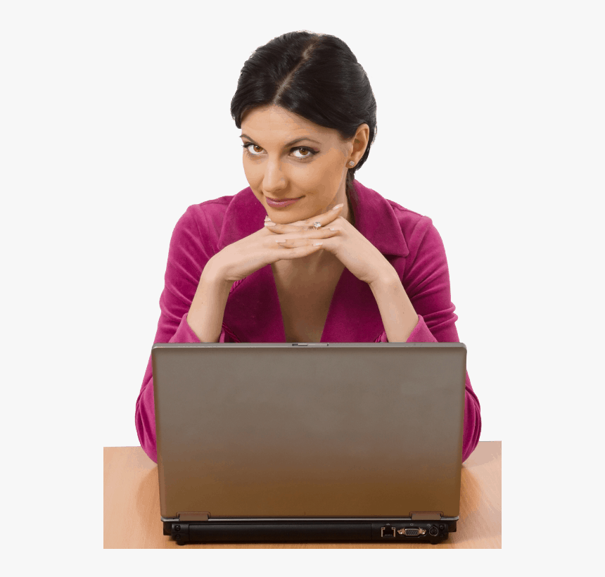 Woman Sitting Behind A Laptop With Hands Folded Under - Sitting, HD Png Download, Free Download