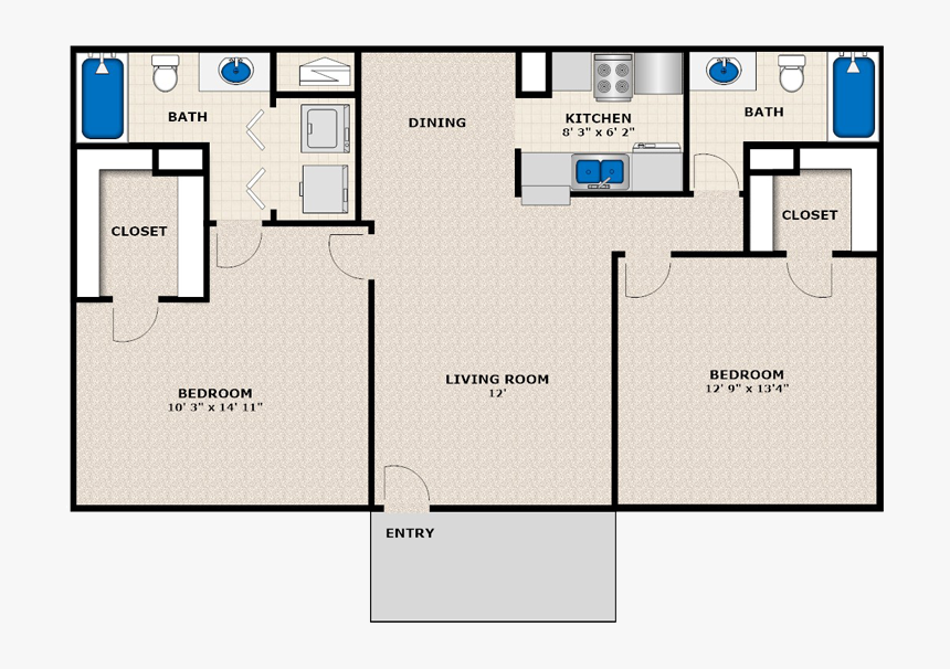 Floor Plan 2 Bedroom 2 Bath Apartments, HD Png Download, Free Download
