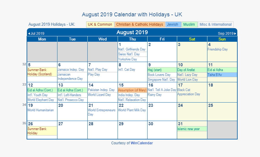 August 2019 Uk Holidays Calendar - Holidays In August 2019, HD Png Download, Free Download