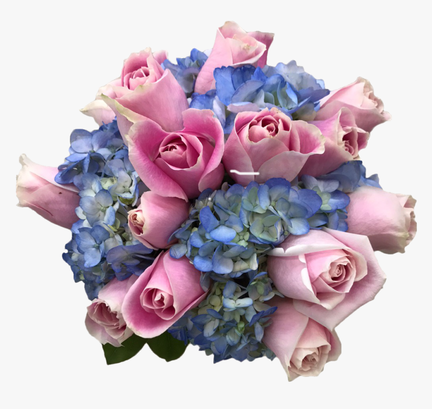 1 Bridal Bouquet With 8 Pink Roses And 5 Blue Hydrangeas - Garden Roses, HD Png Download, Free Download