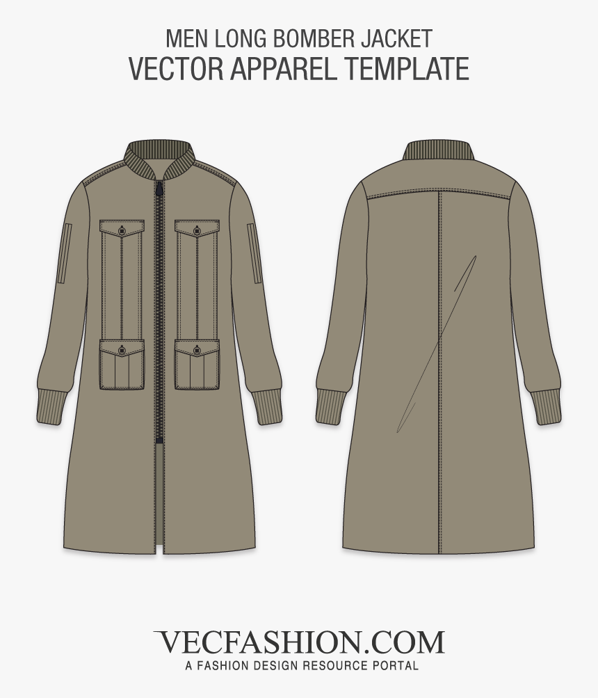 Men Long Bomber Jacket Vector Template - Long Bomber Jacket Template, HD Png Download, Free Download