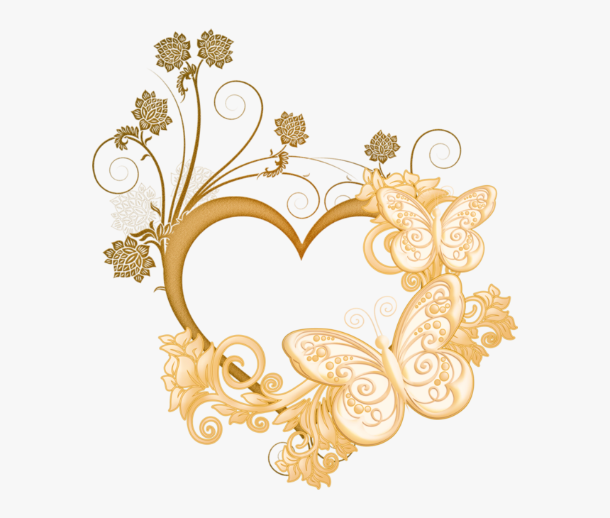 #frame #butterfly #golden #flower#heart #love - Flower Heart Frame Png, Transparent Png, Free Download