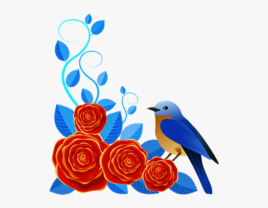Flores, Ilustración, Rosas, Ave, Pajarito, Rojo, Azul - Illustration, HD Png Download, Free Download
