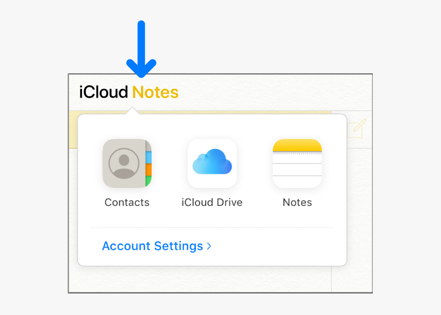 An Arrow Points To Icloud Notes In The Upper Left Corner - Icloud, HD Png Download, Free Download