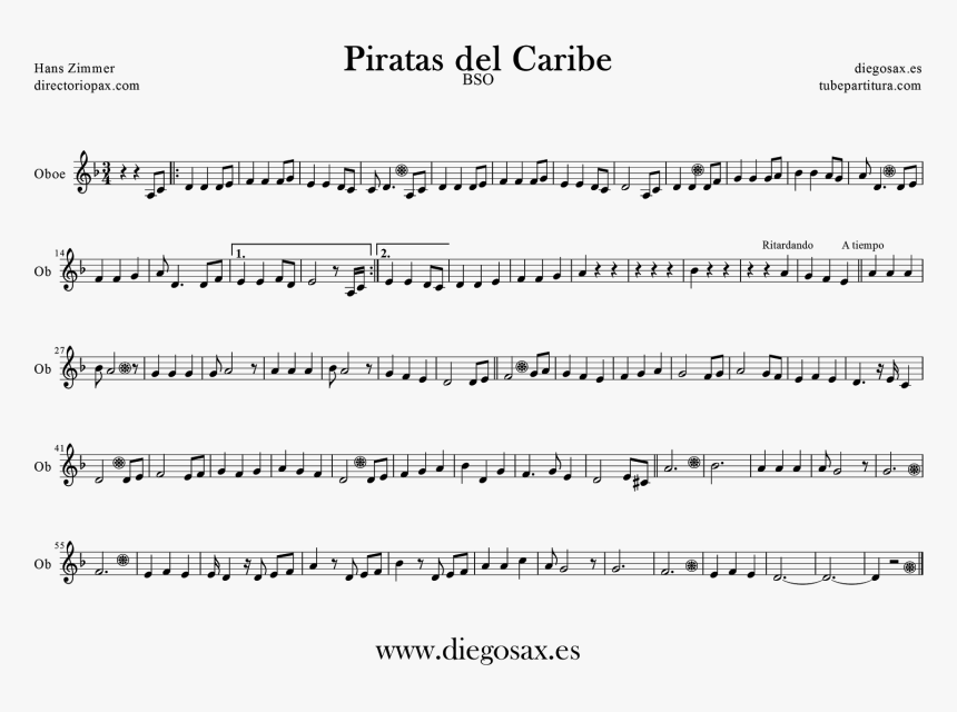 Tubescore Oboe Sheet Music For Pirates Of Caribbean - Piratas Del Caribe Cello Partitura, HD Png Download, Free Download