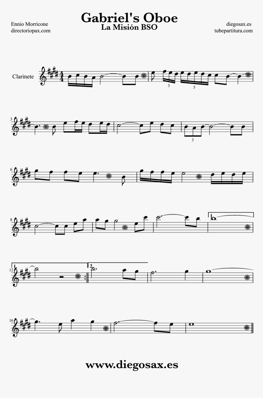 Clarinet Sheet Music La Misi%c3%b3n Grabiel%c2%b4s - Gabriel's Oboe Clarinet Pdf, HD Png Download, Free Download