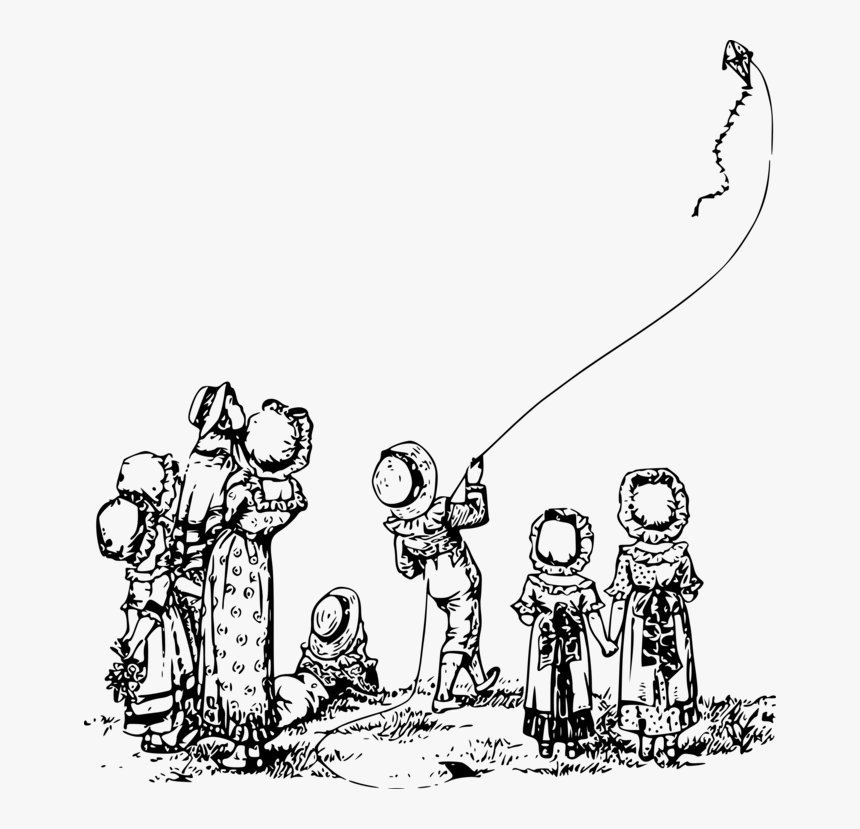 Line Art,art,people - Boys Flying Kite Drawing, HD Png Download, Free Download