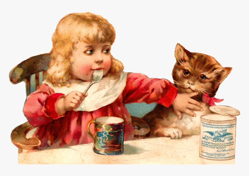 Free Printable Victorian Girls Cats Old - طفل ياكل مع القطط, HD Png Download, Free Download