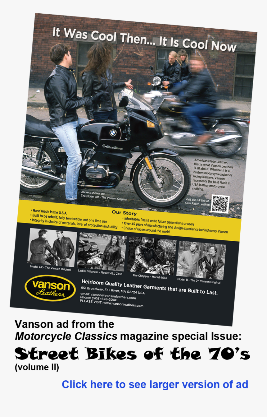 Vanson Ad From The Motorcycle Classics Magazine Special - Vanson Leather Advertisement, HD Png Download, Free Download