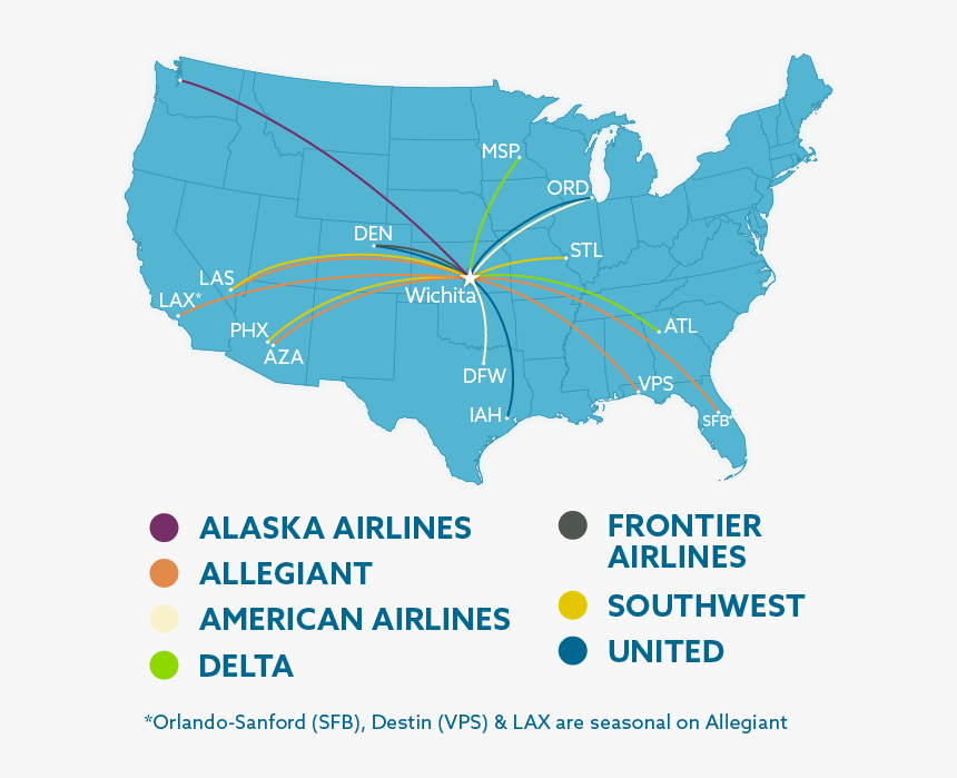 Map Of Nonstop Destinations From Ict - Red Map Of Usa, HD Png Download, Free Download