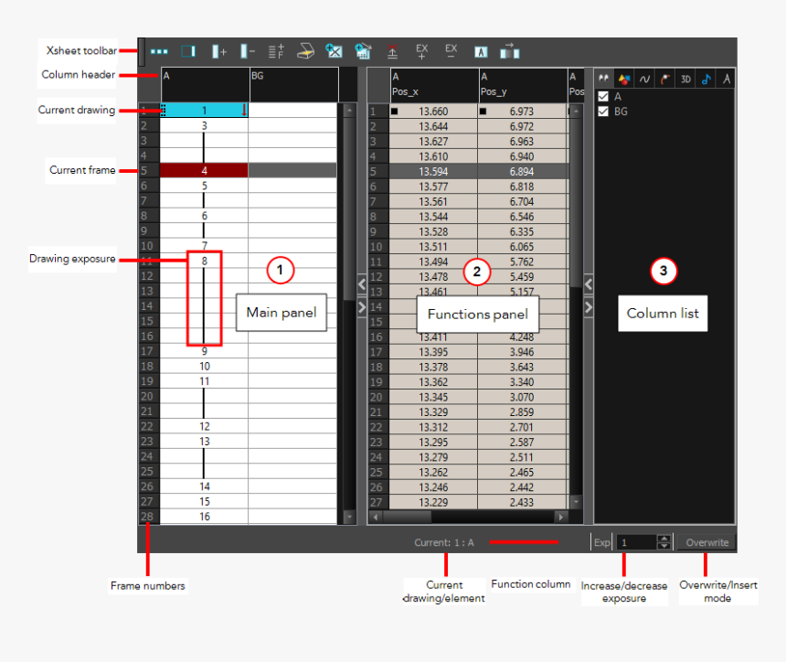 Import column. Xsheet. Xsheet/timeline.