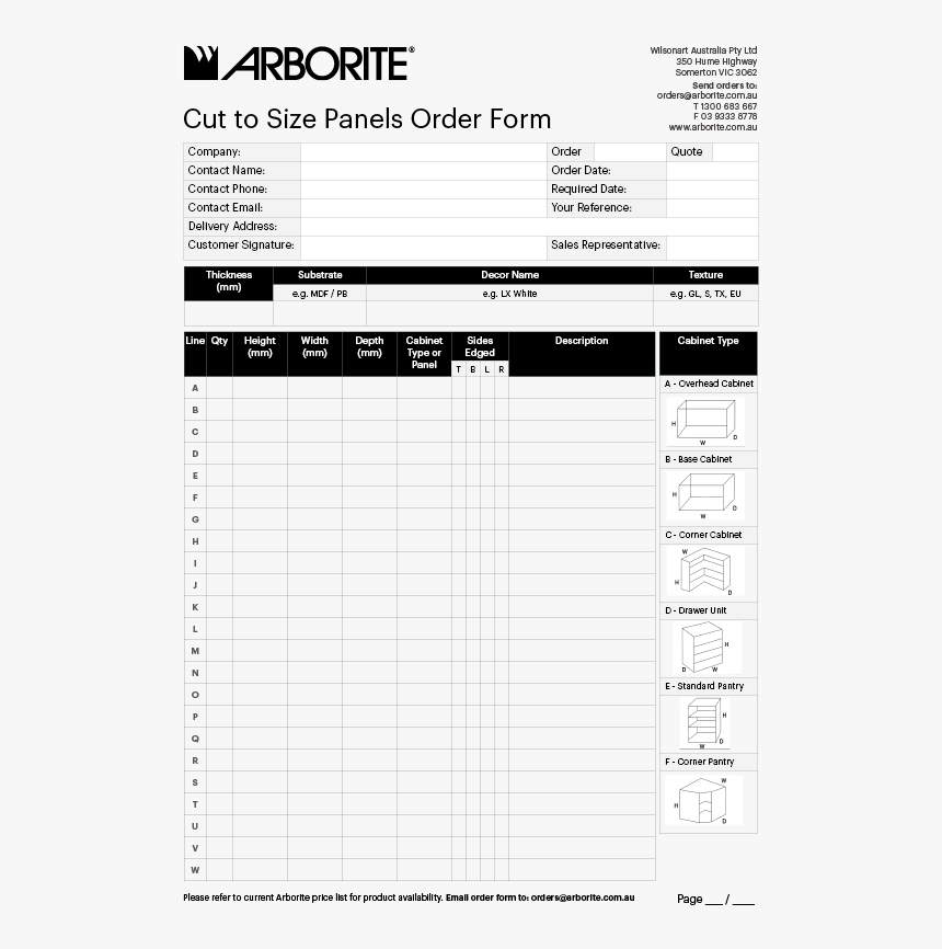 Arborite Cut To Size Panel Order Form Pad - Laminex Benchtop Order Form, HD Png Download, Free Download