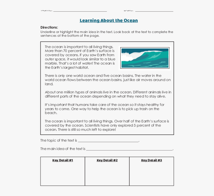 Main Idea And Details In Nonfiction Text - 2nd Grade Ocean Worksheets, HD Png Download, Free Download