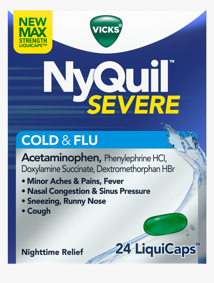 Nyquil Severe Cough Cold And Flu Nighttime Relief Liquicaps - Vicks Nyquil Severe Cold And Flu Liquicaps, HD Png Download, Free Download